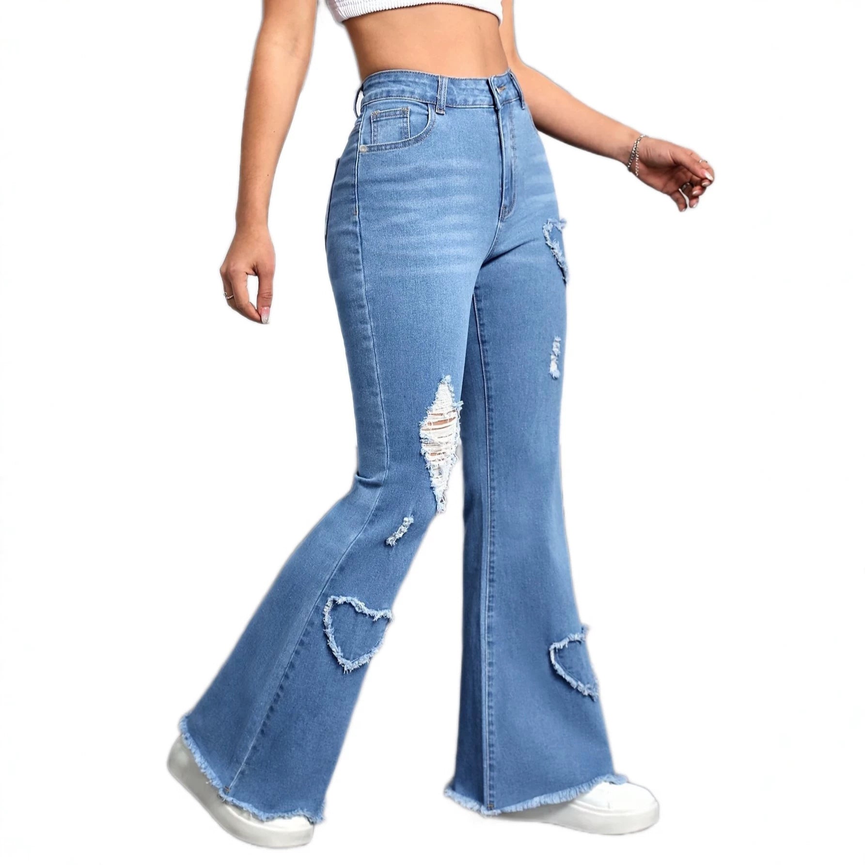 Light Blue Stretch Denim with Frayed Heart Patches