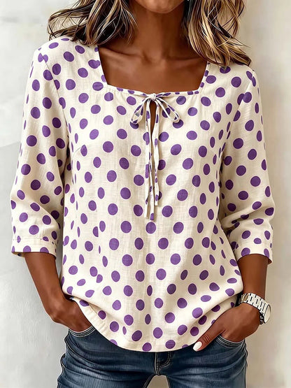 Cream Base Polka Dot Square Neck Tie Front 3/4 Sleeve Blouse