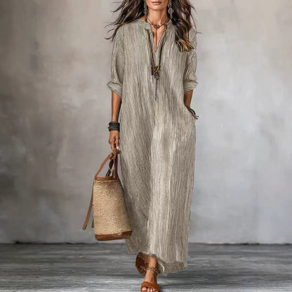 Textured Crinkled V Neck Half Sleeve Loose Maxi Dress