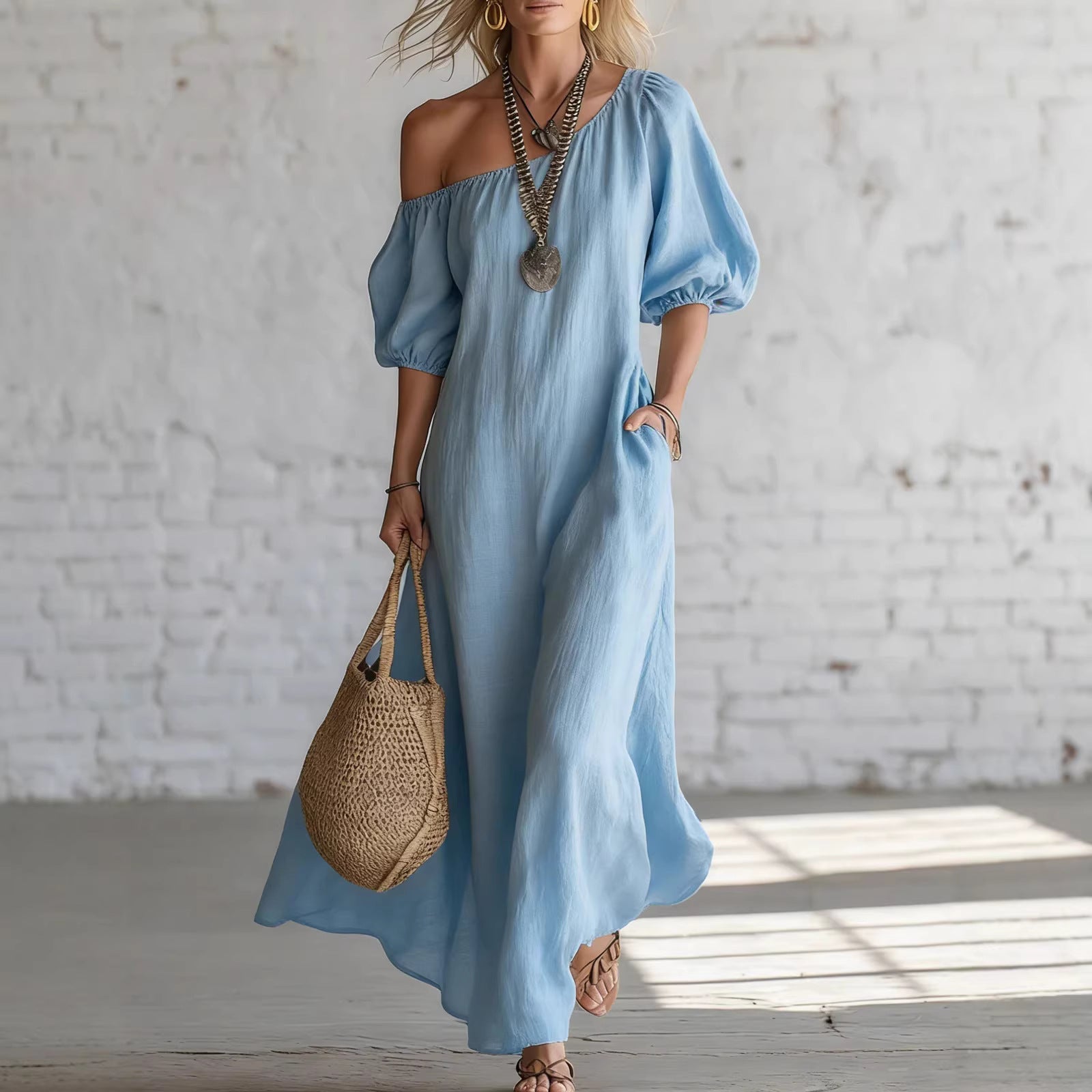 Effortless Off-Shoulder Linen-Blend Maxi Dress
