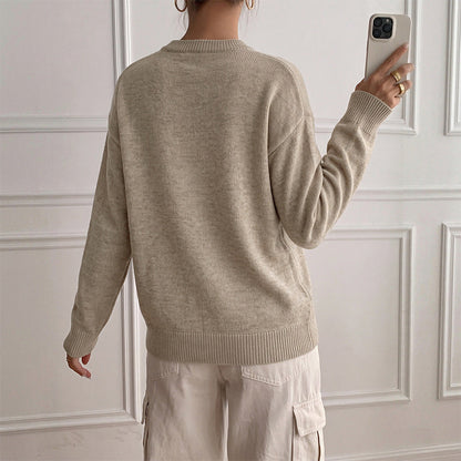 Henley Button Notch Neck Drop‑Shoulder Long Sleeve Knit Sweater