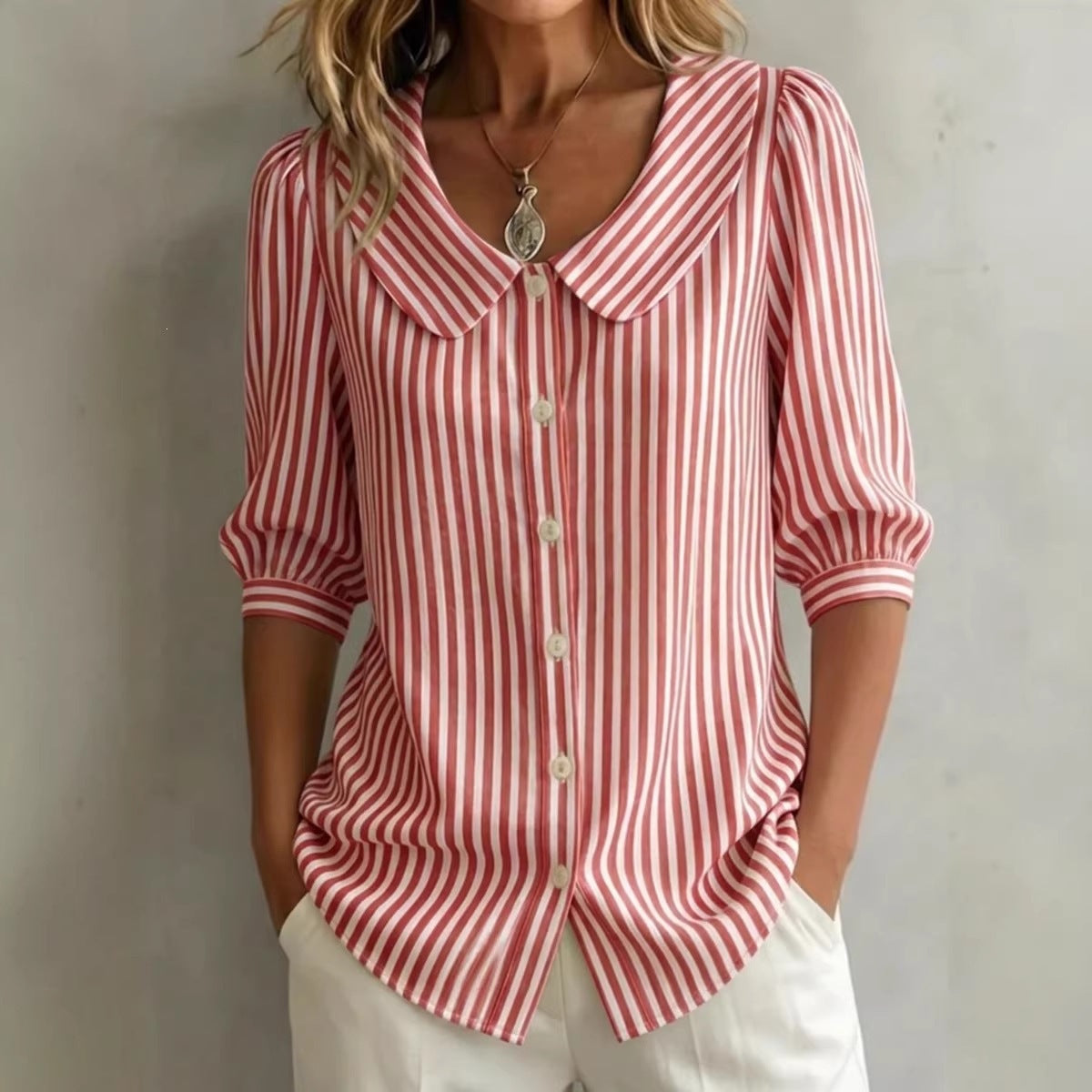 Striped Peter Pan Collar Puff Short Sleeve Blouse