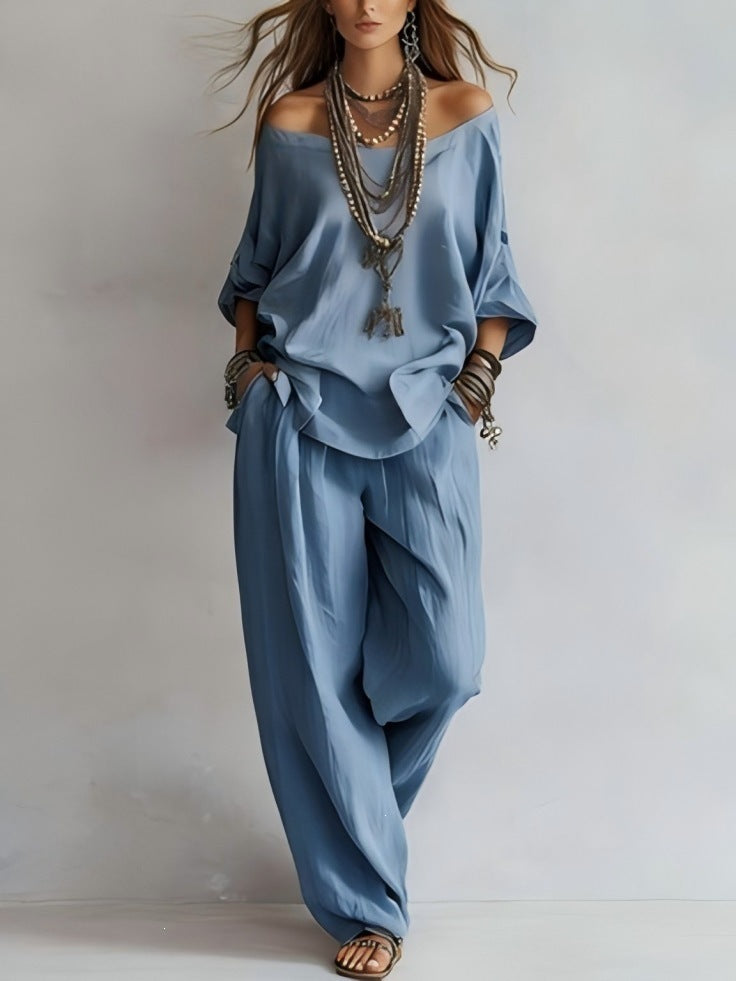 Women'S One-Shoulder Loose Top Wide-Leg Pants Cross-Border Two-Piece Set