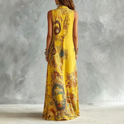 Vintage Baroque Print Sleeveless Maxi Shirt Dress