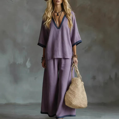 Effortless V-Neck Top & Wide-Leg Pants Two-Piece Set