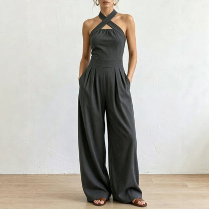 Crisscross Halter Keyhole Cutout High Waist Wide Leg Pantsuit with Pockets