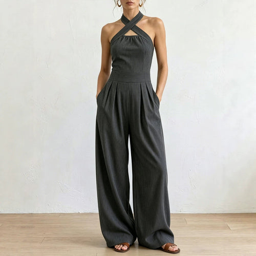Crisscross Halter Keyhole Cutout High Waist Wide Leg Pantsuit with Pockets