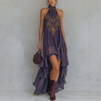 Boho Embroidered High-Low Halter Maxi Dress