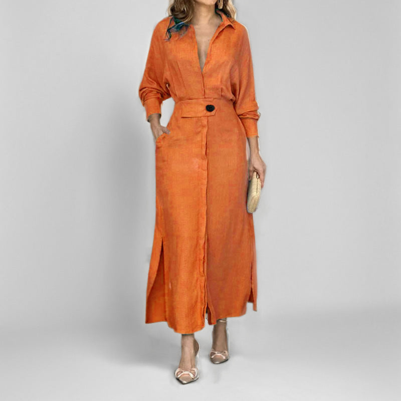 Collared Waist‑Tab Shirt Maxi Dress