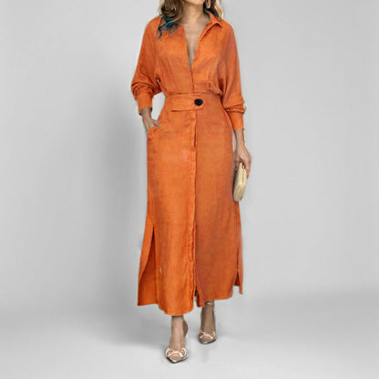 Collared Waist‑Tab Shirt Maxi Dress