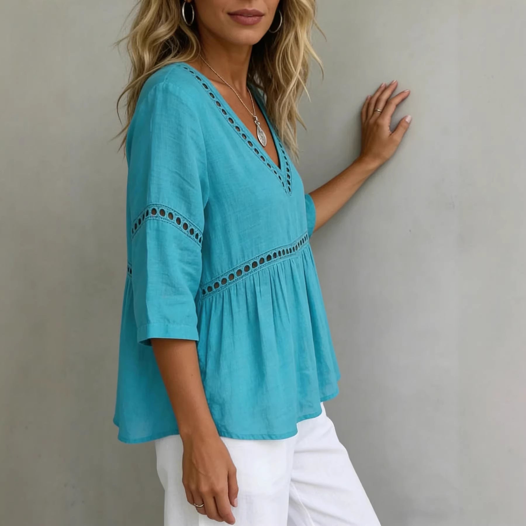 V-Neck Hollow-Out 3/4 Sleeve Blouse