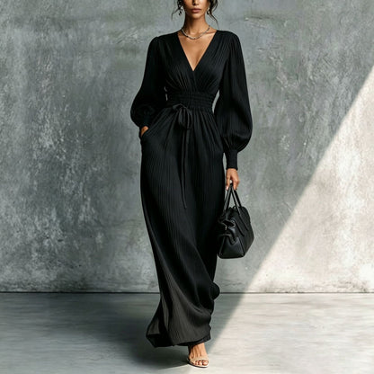 Women's Pleated Surplice V‑Neck Balloon Sleeve Maxi Dress