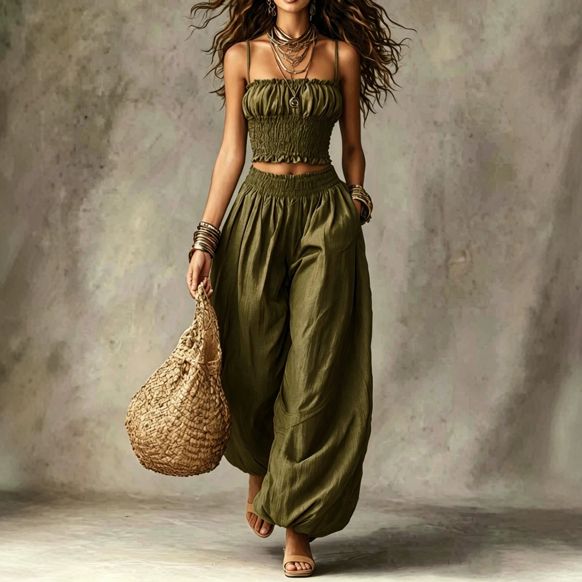 Spaghetti Strap Crop Top Baggy Harem Pants Boho Resort Wear Set