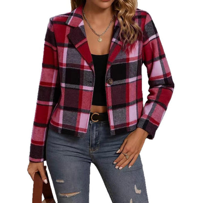 Lapel Plaid Cropped Blazer Jacket, Single Button Long Sleeve Casual Outerwear With Patch Pockets For Fall Daily Outfit