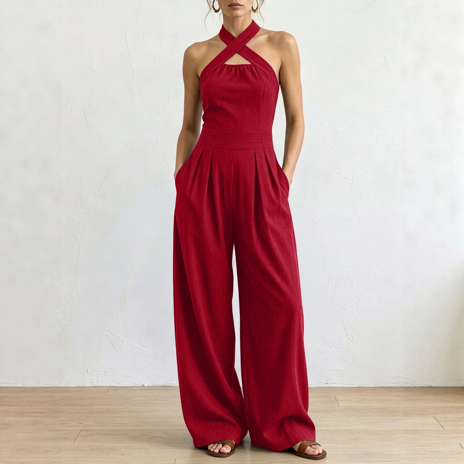 Crisscross Halter Keyhole Cutout High Waist Wide Leg Pantsuit with Pockets
