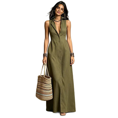 Women's Minimalist Linen-Blend Collared Single-Breasted Sleeveless Maxi Shirt Dress