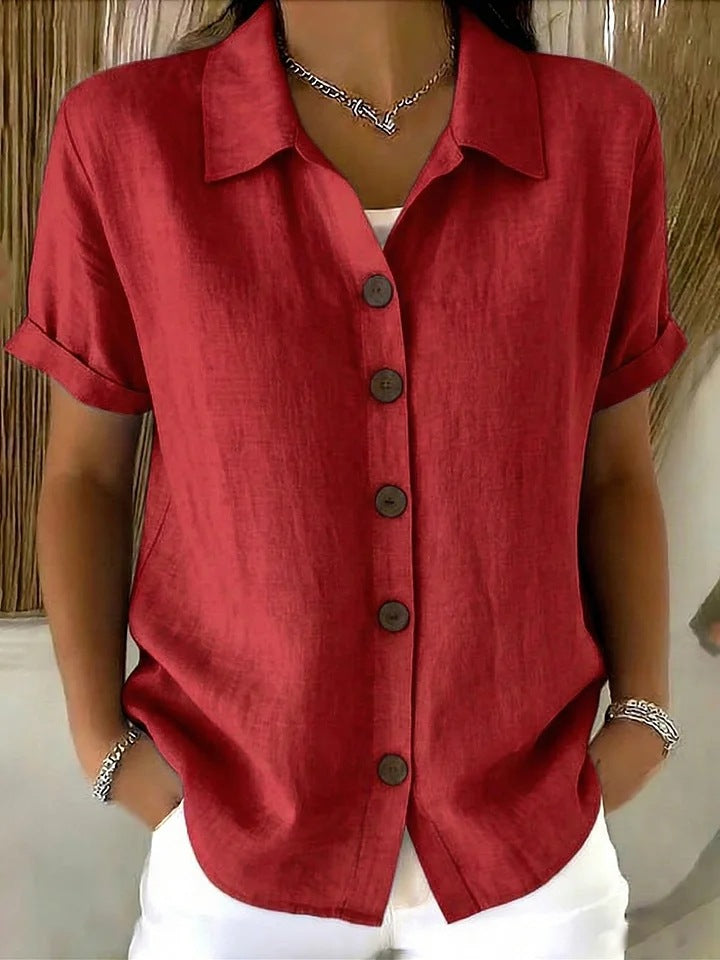 Women's Turn-Down Collar Short Sleeve Linen Shirt