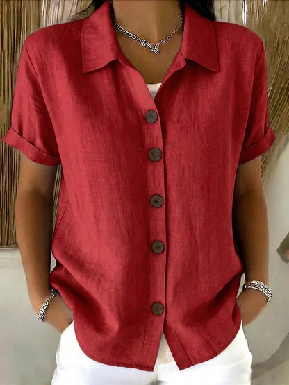 Women's Turn-Down Collar Short Sleeve Linen Shirt