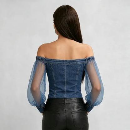 Off-Shoulder Denim Mesh Sleeve Top