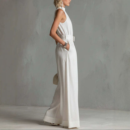 Women's White Linen-Blend Halter Wide-Leg Jumpsuit with Belt