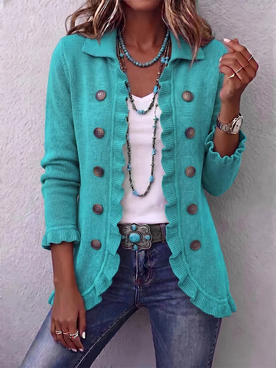Lapel Ruffle Trim Double‑Breasted Long Sleeve Open Front Knit Cardigan Jacket