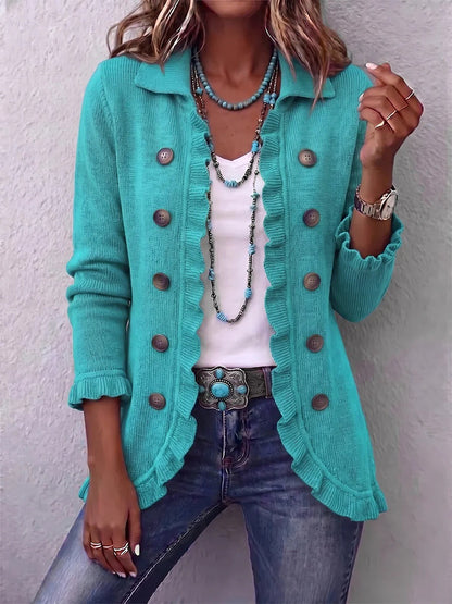 Lapel Ruffle Trim Double‑Breasted Long Sleeve Open Front Knit Cardigan Jacket