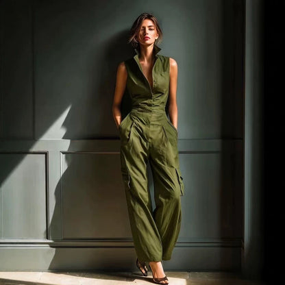 Sleeveless Collar Shirt Cargo Wide Leg Jumpsuit