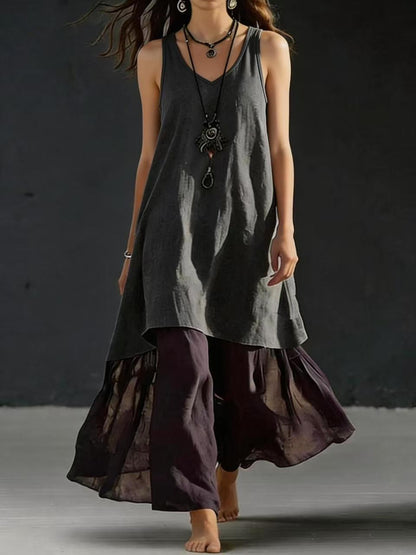 High-Low Tunic Top & Sheer Layered Wide Leg Pants
