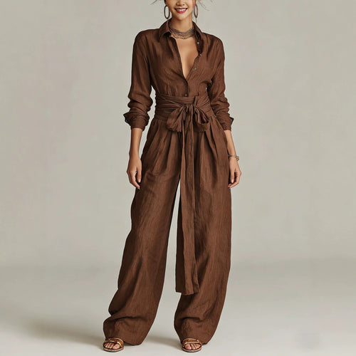 Women's Shirt‑Style Self‑Tie Belt Wide‑Leg Jumpsuit