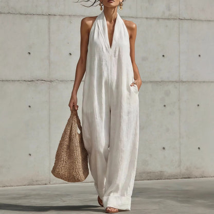 Linen Halter Deep V Wide Leg Cuffed Jumpsuit
