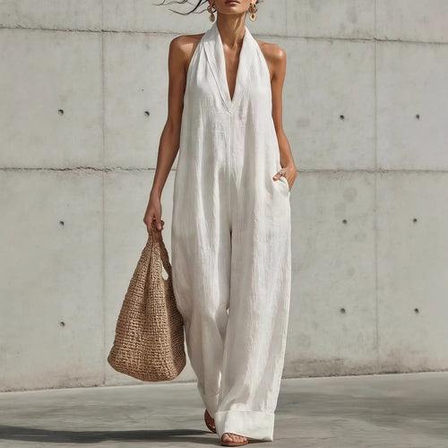 Linen Halter Deep V Wide Leg Cuffed Jumpsuit