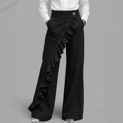 Ruffle Accent High-Waist Wide-Leg Jeans
