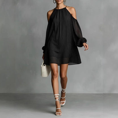 Striped Halter Cold-Shoulder Mini Dress