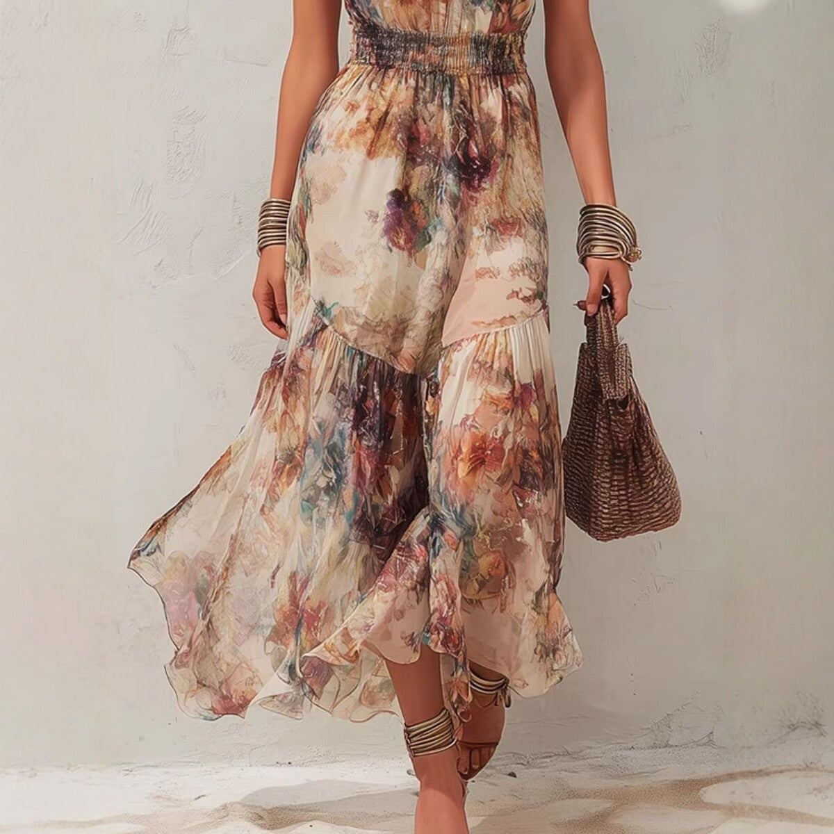 Sleeveless Vintage Watercolor Print Ruffled Flowy Vacation Dress