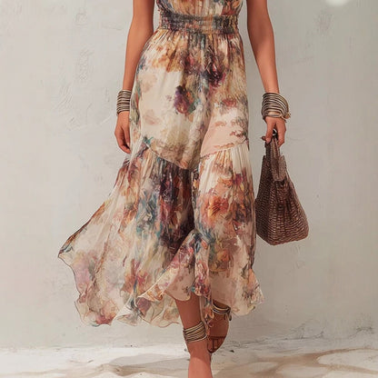 Sleeveless Vintage Watercolor Print Ruffled Flowy Vacation Dress