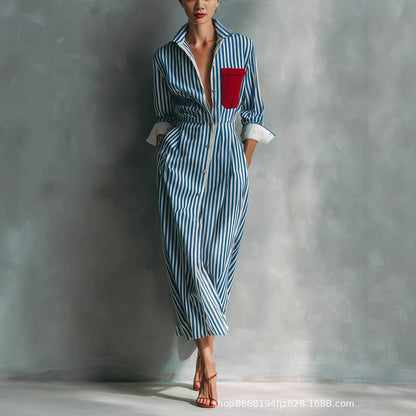 Women's Blue And White Cotton Blend Striped Shirt Dress With Red Chest Pocket