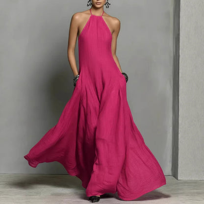 Cotton And Linen Blend Simple Backless Sleeveless Long Dress