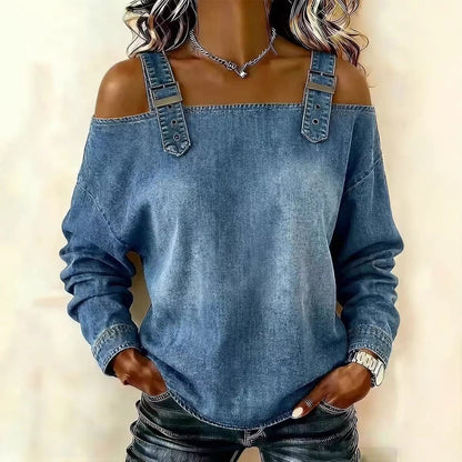 Denim Cold‑Shoulder Top with Adjustable Buckle Straps, Long‑Sleeve Off‑Shoulder Blouse