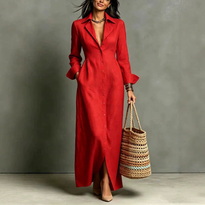 Women's Lapel Collar Button‑Front Linen Shirt Maxi Dress