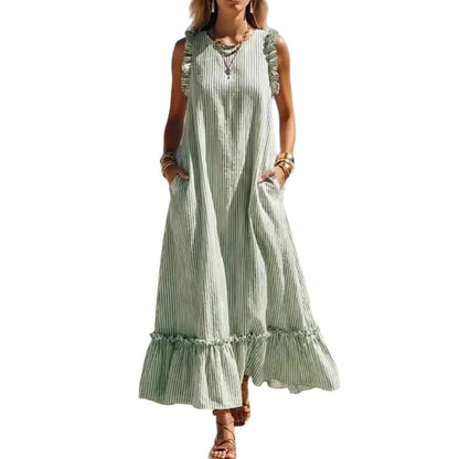 🌊 Coastal Striped Ruffle Maxi Dress