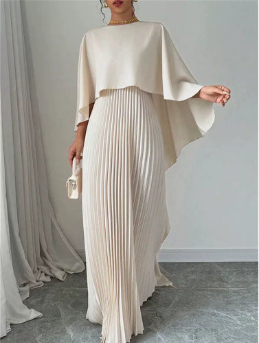 Cape Overlay Pleated Maxi Dress