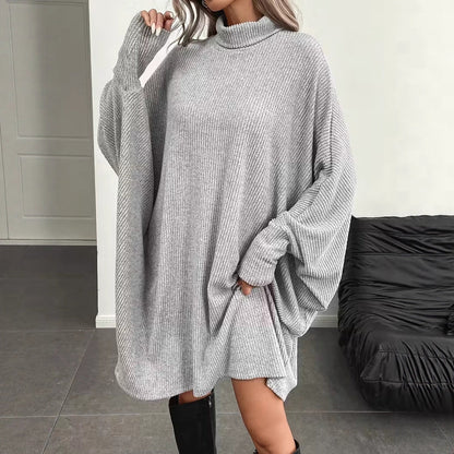 Women's Mock Neck Batwing Long Sleeve Ribbed Knit Mini Dress