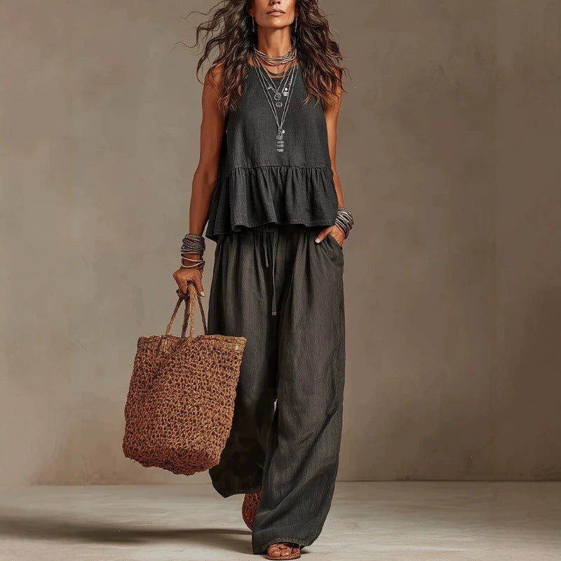 Cotton linen 2 Piece Set: Sleeveless Ruffle Tank Top & Drawstring Wide Leg Pants