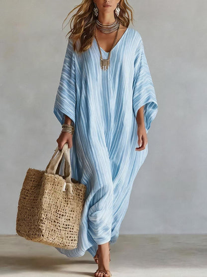 Women's Light Striped Linen-Blend Kaftan Maxi Dress - Oversized V-Neck Beach Cover-Up
