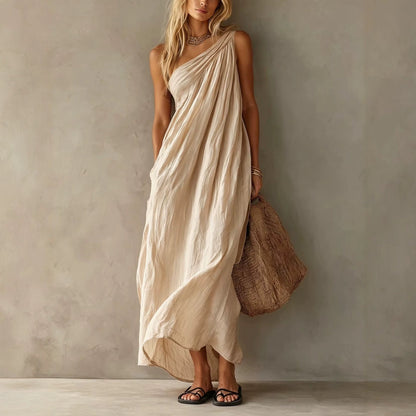Dusty Pink One Shoulder Ruched Linen Maxi Dress