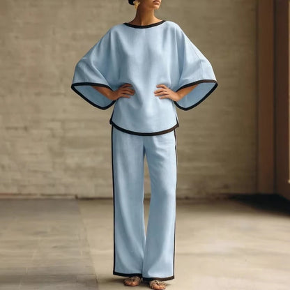 Women'S Elegant Round Neck Loose Bat Sleeves Cotton And Linen Two-Piece Set