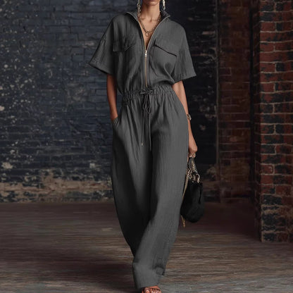 Stand Collar Sleeveless Casual Loose Cotton And Linen Jumpsuit