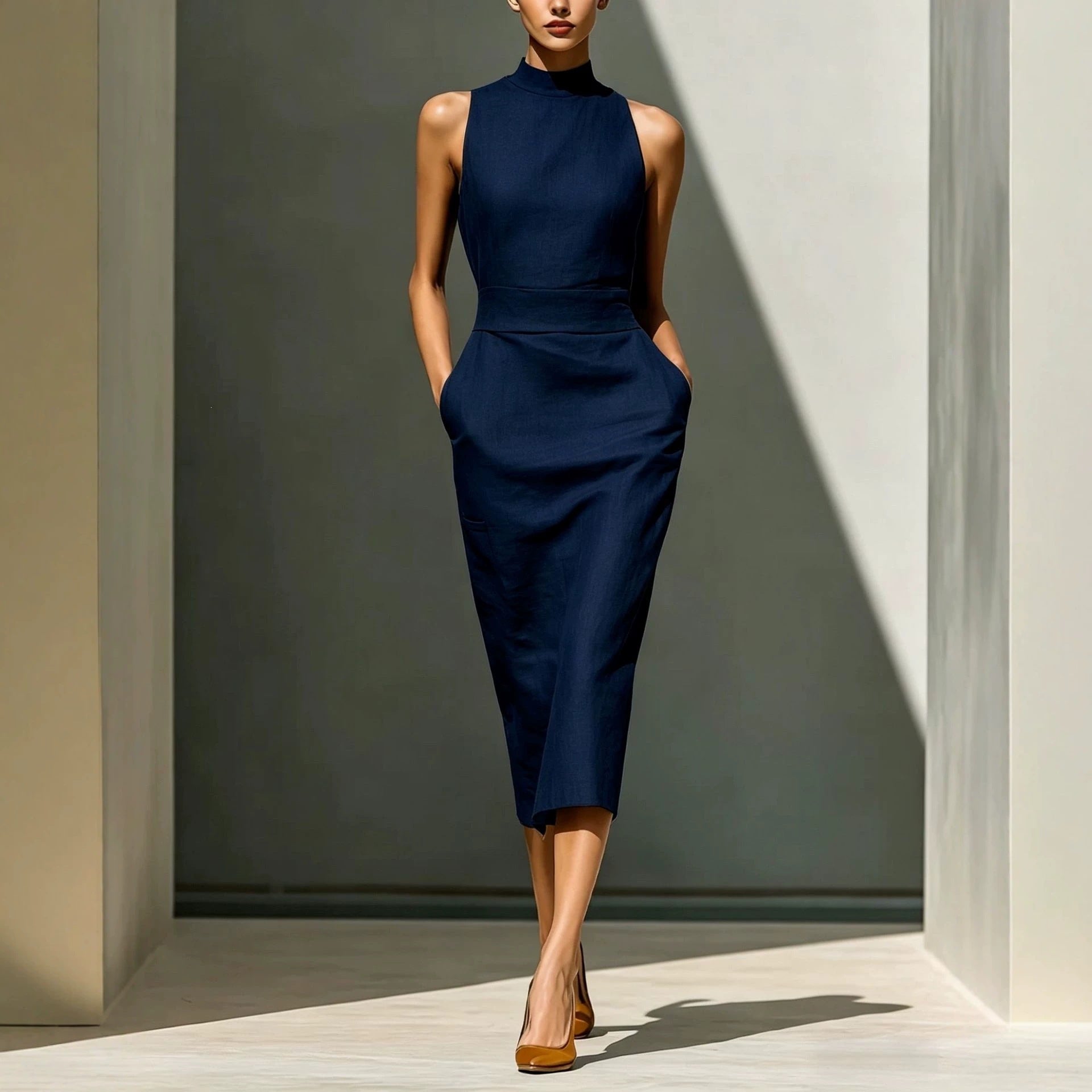 Women'S Elegant Sleeveless Slim Fit Hip-Covering Mid-Length Dress