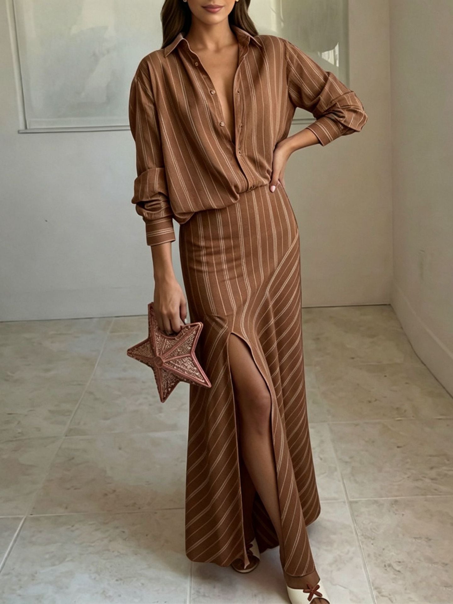 Women Striped Long‑Sleeve Shirt & High‑Slit Maxi Skirt Two‑Piece Set