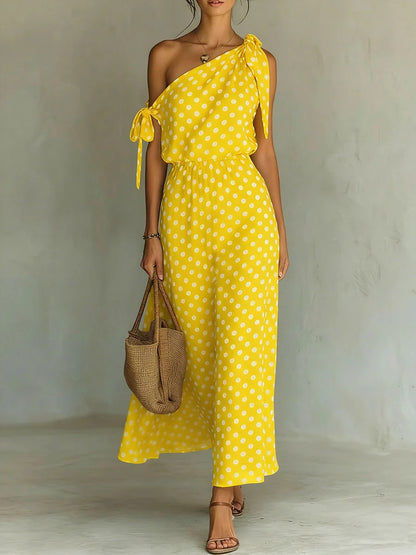 Women's Polka Dot One-Shoulder Maxi Dress